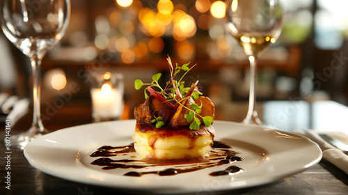Gourmet Dinner Experience: Elegant Roasted Potatoes and Wine at Upscale Restaurant
