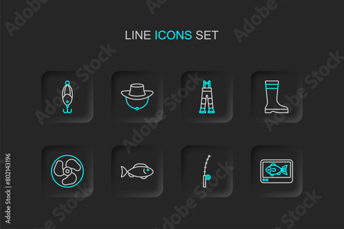 Set line Fish finder echo sounder, Fishing rod, Outboard boat motor, boots, Fisherman pants, Dried fish and lure icon. Vector