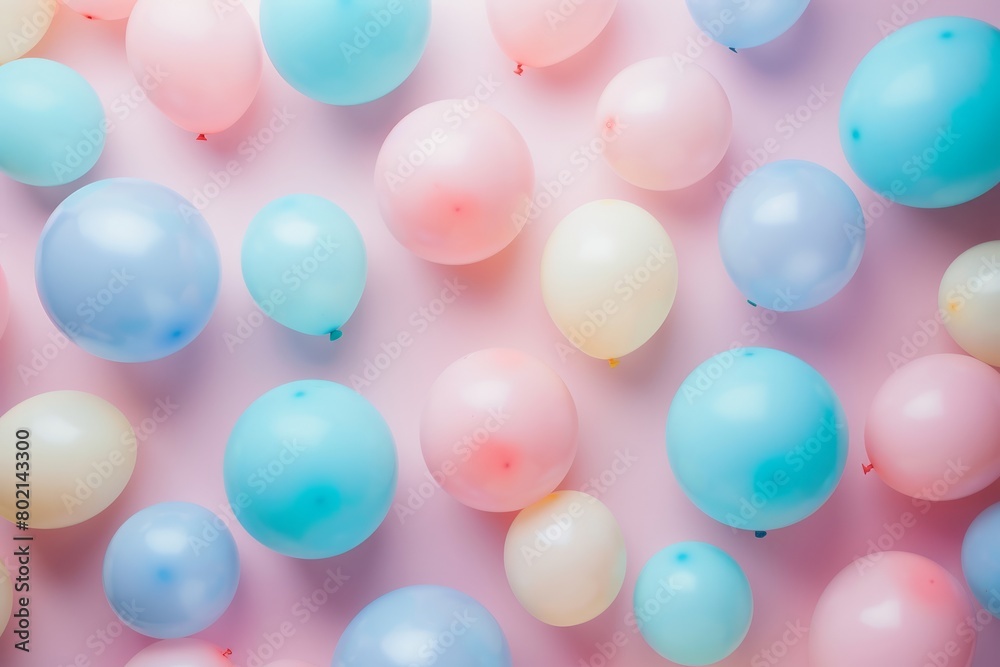 Pastel-colored balloons of various sizes float in the air against a solid background, creating a playful scene