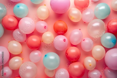 A high-angle view of a solid pastel-colored background filled with balloons of various sizes floating playfully