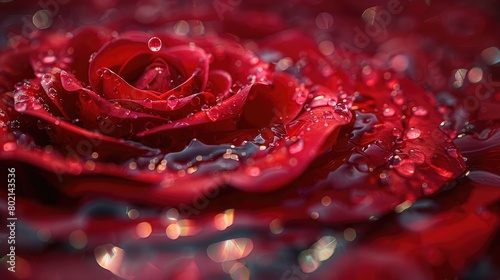Close-up of vibrant red rose with fresh water droplets.