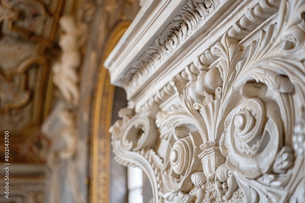 Close-up view of a white ornate design on a wall, showcasing intricate Renaissance-era artwork with historical significance and fine craftsmanship