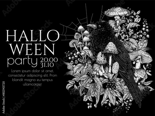 Vector illustration of halloween invitation with mystical raven surrounded by wild berries, flowers, mushrooms, cobwebs in engraving style