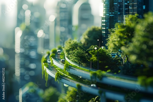 A futuristic city scene with innovative eco-friendly infrastructure and sustainable transportation, featuring buildings and trees in the background