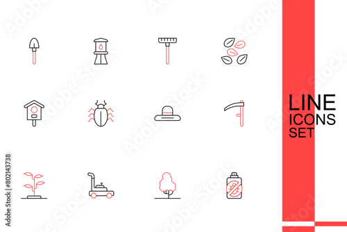 Set line Spray against insects, Fruit tree, Lawn mower, Sprout, Scythe, Farmer worker hat, Colorado beetle and Bird house icon. Vector