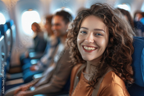 A woman with curly hair is smiling and sitting on an airplane