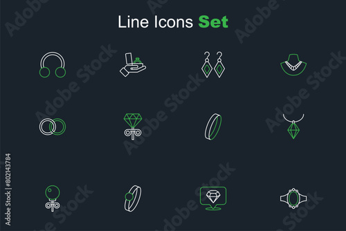 Set line Diamond engagement ring, Stud earrings, Pendant necklace, Wedding, and icon. Vector
