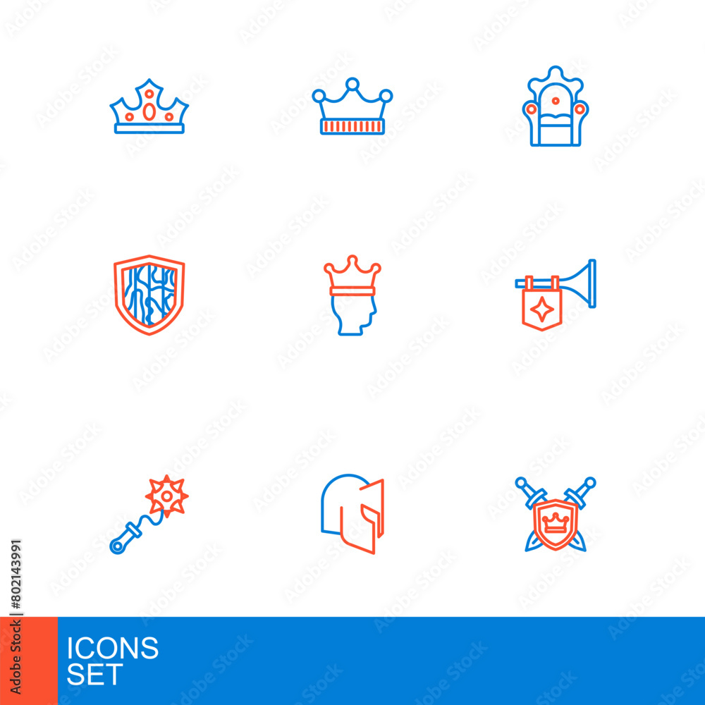 Set line Shield with swords, Medieval helmet, Mace spikes, Trumpet flag, King crown, throne and icon. Vector Set line Shield with swords, Medieval helmet, Mace spikes, Trumpet flag, King crown, throne and icon. Vector