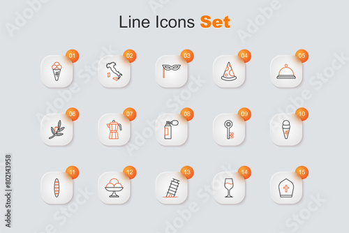 Set line Pope hat, Wine glass, Leaning tower Pisa, Ice cream the bowl, French baguette bread, waffle, Old key and Perfume icon. Vector