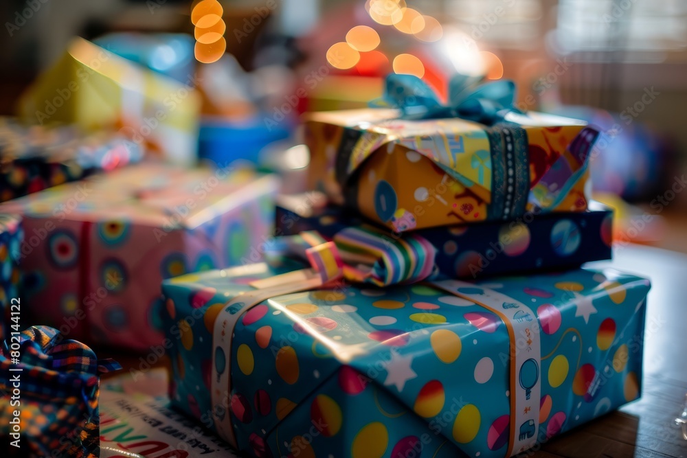 A stack of birthday presents wrapped in colorful paper, arranged neatly on a table, creating a sense of anticipation and excitement for gift-giving