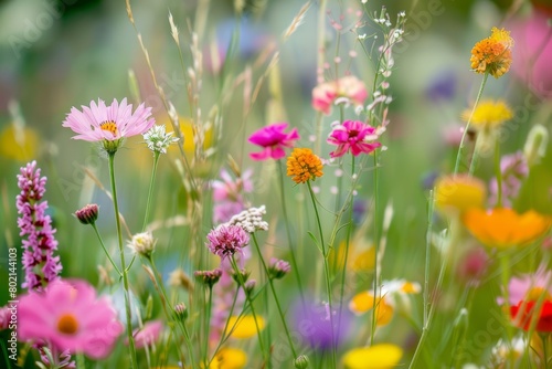 A multitude of colorful wildflowers and other flowers covering a meadow, showcasing a variety of shapes, sizes, and hues in intricate detail