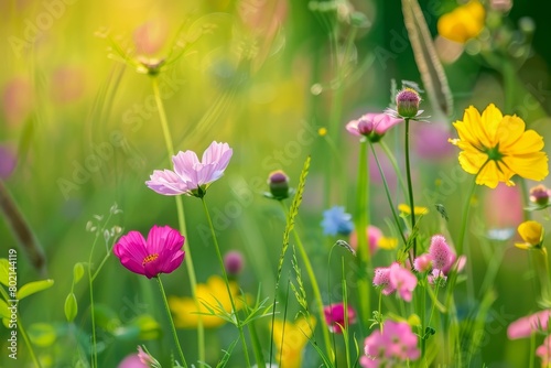 Various vibrant flowers scattered across green grass, showing intricate details and vivid colors in closeup view © Ilia Nesolenyi