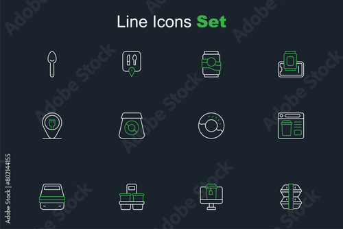 Set line Lunch box, Online ordering food, Coffee cup to go, Donut, and Cafe and restaurant location icon. Vector © Iryna