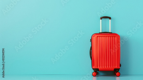 A red suitcase is sitting on a blue wall