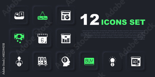 Set Light bulb with dollar, Advertising, Calendar, Buy button, Stacks paper money cash, Office folders, From 9 5 job and Business man planning mind icon. Vector