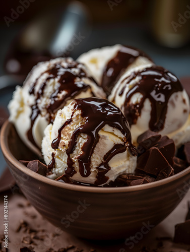 Decadent Vanilla Ice Cream Scoops with Luxurious Chocolate Sauce