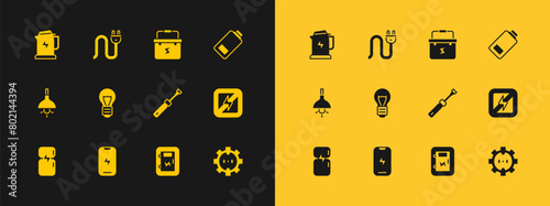 Set Battery charge, Mobile phone, Screwdriver, Electrical panel, Creative lamp light idea, Toolbox electrician, kettle and plug icon. Vector
