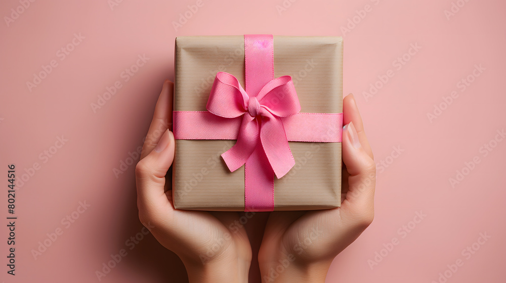 Hands Presenting a Wrapped Gift Box Against Pink Background Hands Presenting a Wrapped Gift Box Against Pink Background