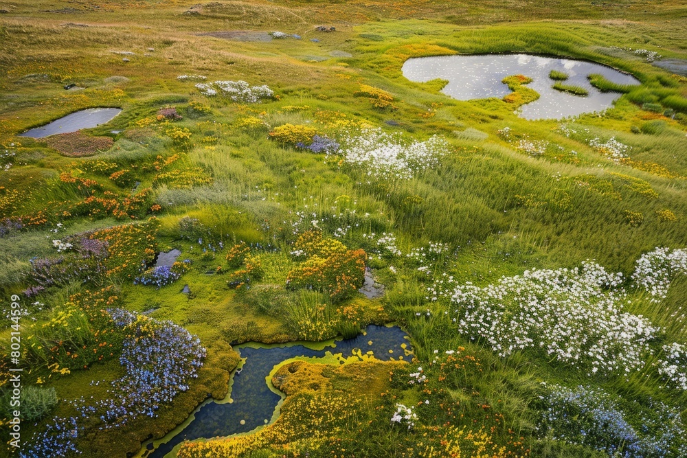 A high-angle view of a grassy field with a pond in the center surrounded by a variety of vibrant wildflowers