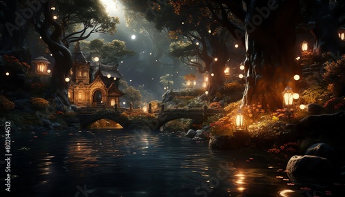 Captivating stock photo of a fairy glen at twilight with sparkling lights and ethereal creatures, offering a gateway to freedom in a fantasy world photo