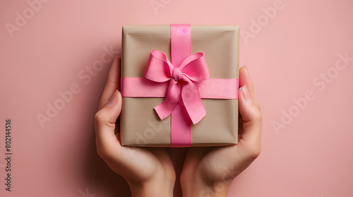 Hands Presenting a Wrapped Gift Box Against Pink Background © slonme