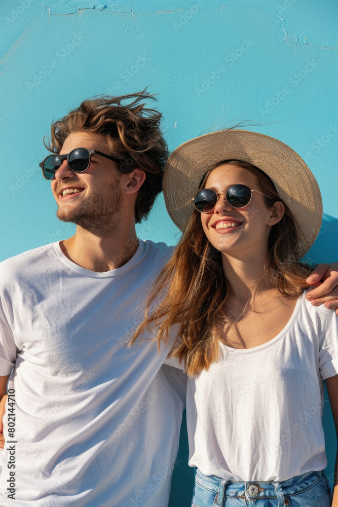 A man and a woman are smiling and wearing sunglasses and hats A man and a woman are smiling and wearing sunglasses and hats