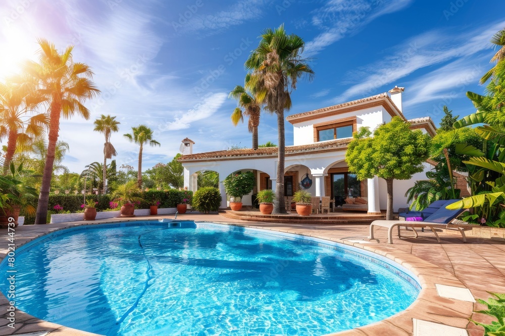 Beautiful Spanish villa with a pool and palm trees, set against a blue sky on a sunny day, epitomizing luxury living Beautiful Spanish villa with a pool and palm trees, set against a blue sky on a sunny day, epitomizing luxury living
