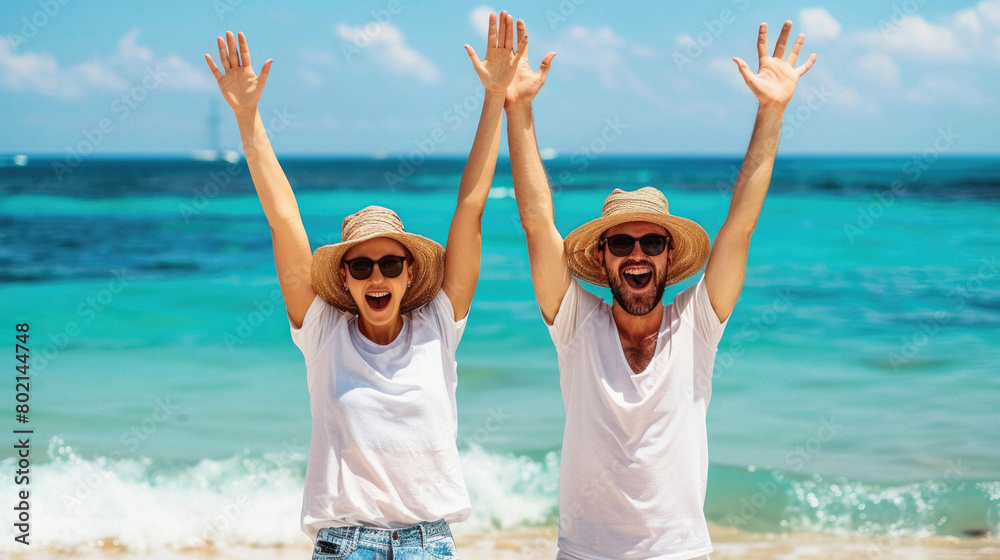 A couple is standing on the beach, smiling and waving A couple is standing on the beach, smiling and waving