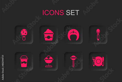 Set Ice cream in the bowl, Popcorn cardboard box, Fly agaric mushroom, Lollipop, Spoon, Plate, fork and knife, Fish steak and Coffee cup to go icon. Vector