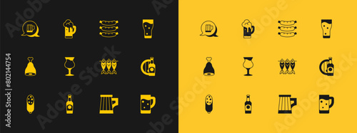 Set Glass of beer, Beer bottle, Dried fish, Wooden mug, Sausage, and icon. Vector