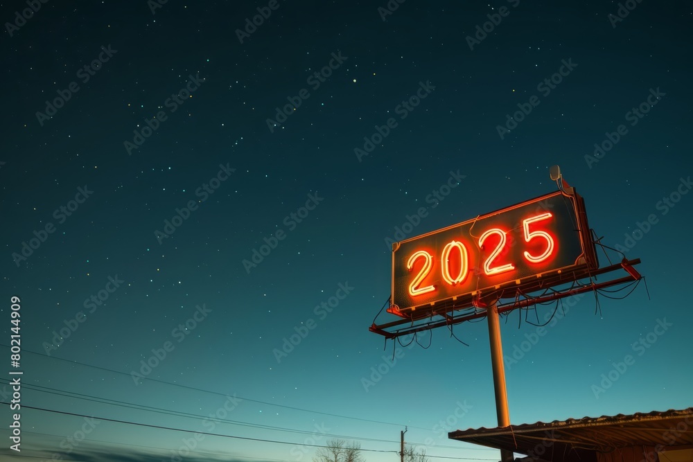 Commercial photo of a neon sign displaying the number 205, set against a clear night sky with sparkling stars in the background