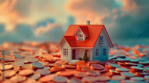 Miniature House Amongst a Sea of Coins Against a Sunset Sky © slonme