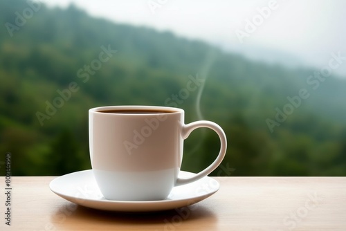 cup of coffee on the balcony by the green hills.