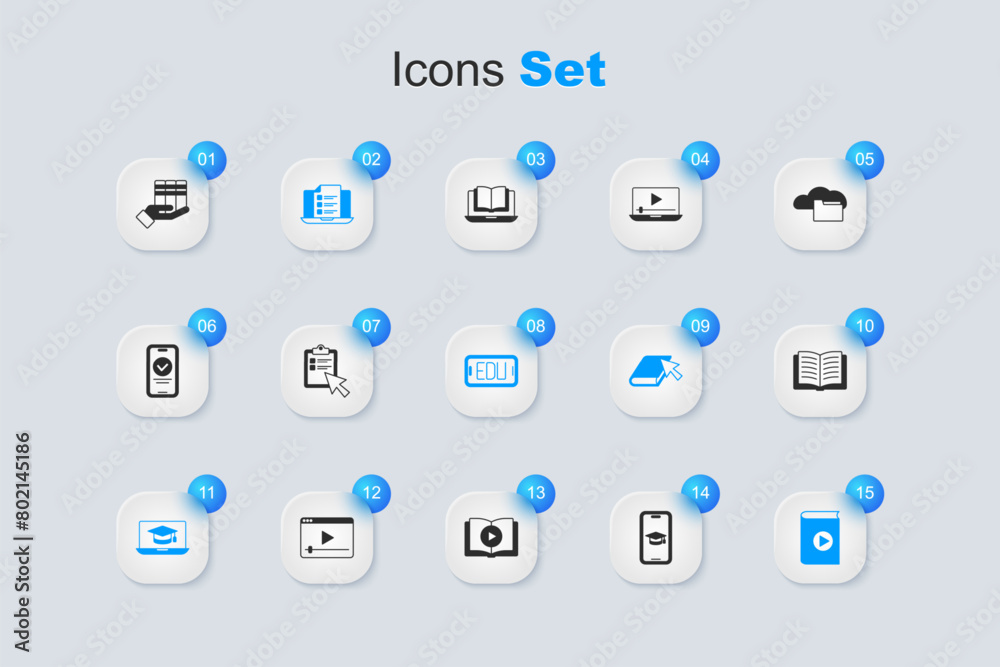Set Graduation cap on mobile, Online quiz, test, survey, laptop, Audio book, Open, Book donation and education icon. Vector Set Graduation cap on mobile, Online quiz, test, survey, laptop, Audio book, Open, Book donation and education icon. Vector