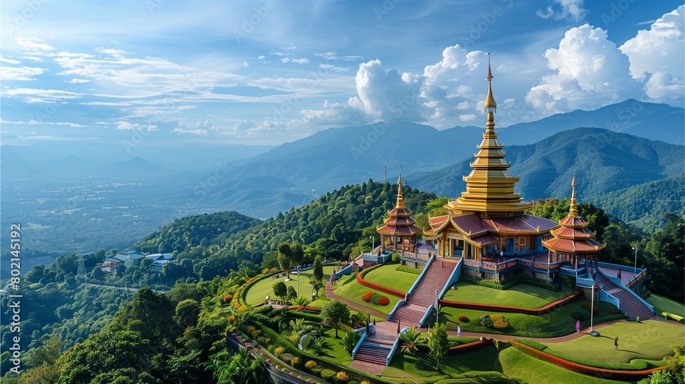 Golden Buddhist temple in Thailand's skyline, blending ancient architecture with vibrant culture and spirituality