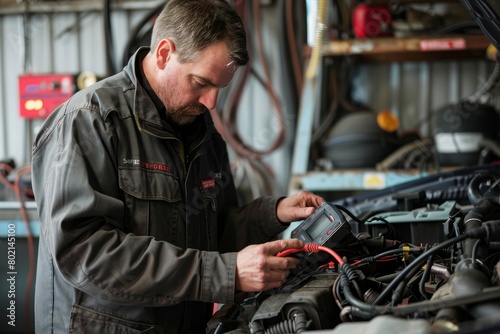 A skilled mechanic is using diagnostic equipment to troubleshoot a car engine issue in a garage, showcasing technical expertise and problem-solving skills