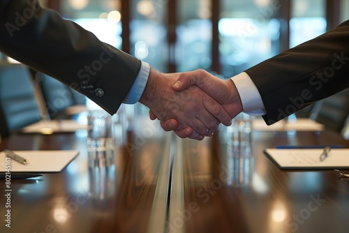 Two executives shaking hands over a table in a corporate boardroom after finalizing a multinational investment deal, symbolizing collaboration and partnership photo