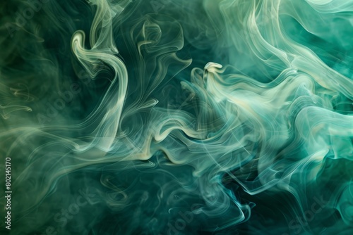 Green and white smoke swirls gently on a background, creating a serene atmosphere
