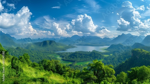 Scenic landscape featuring mountains  sky  and clouds amidst lush greenery and trees  with hints of snow  showcasing the beauty of nature and the Alps