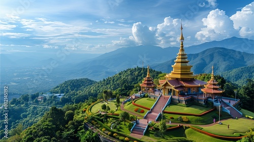Golden Buddhist temple in Thailand s skyline  blending ancient architecture with vibrant culture and spirituality