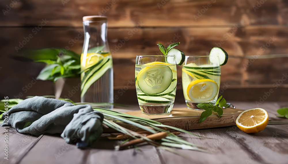 Refreshing lemon and cucumber infused water in glasses, garnished with mint, on a rustic wooden table Refreshing lemon and cucumber infused water in glasses, garnished with mint, on a rustic wooden table