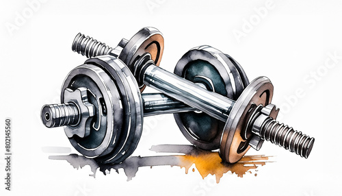 An intricate watercolor painting of two crossed metallic dumbbells in black and silver tones, reflecting light