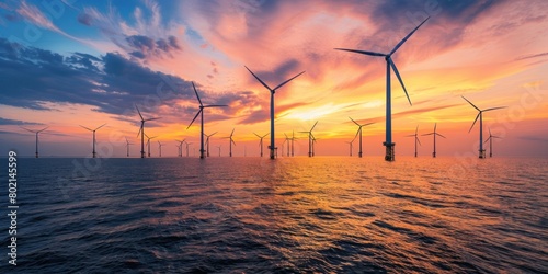 Offshore wind farm produces electricity Wind turbines working in the ocean evening sunset