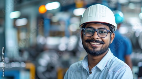Handsome young Indian engineer smiling happily wearing glasses and white hard hat in office at automobile assembly plant photo