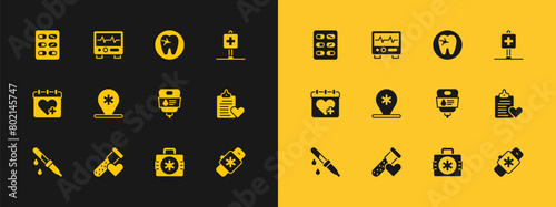 Set Location hospital, Test tube with blood, IV bag, First aid kit, Tooth caries, Pills in blister pack and Monitor cardiogram icon. Vector