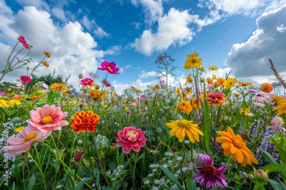 A field filled with colorful flowers blooms under a cloudy blue sky