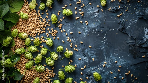 Barley and hops, the essential ingredients for brewing beer, are photographed up close on a dark blue background.