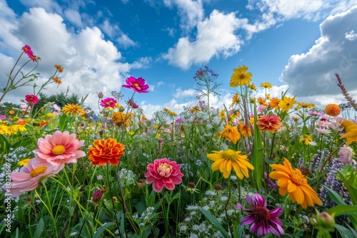 A field filled with colorful flowers blooms under a cloudy blue sky