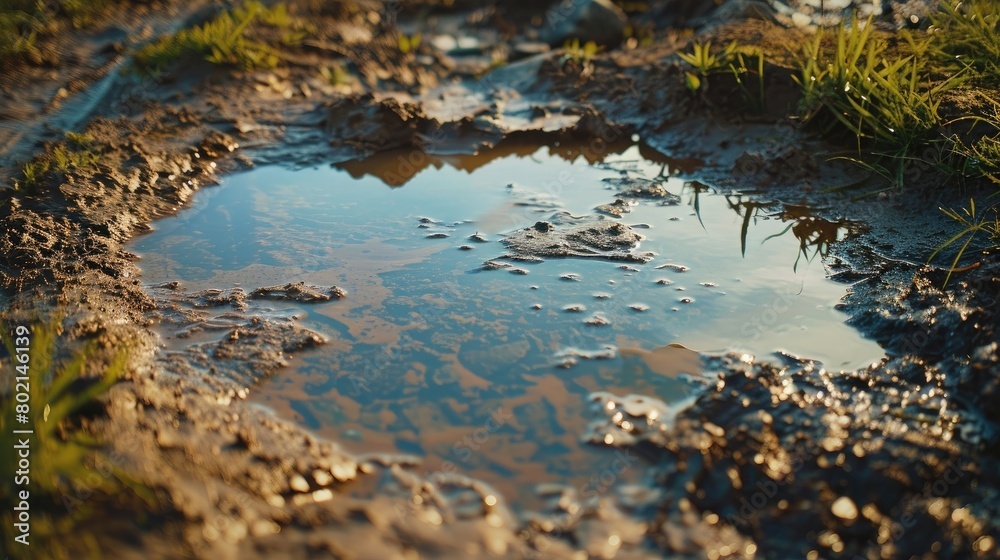 A serene image of a muddy puddle, its surface reflecting the surrounding landscape on International Mud Day.