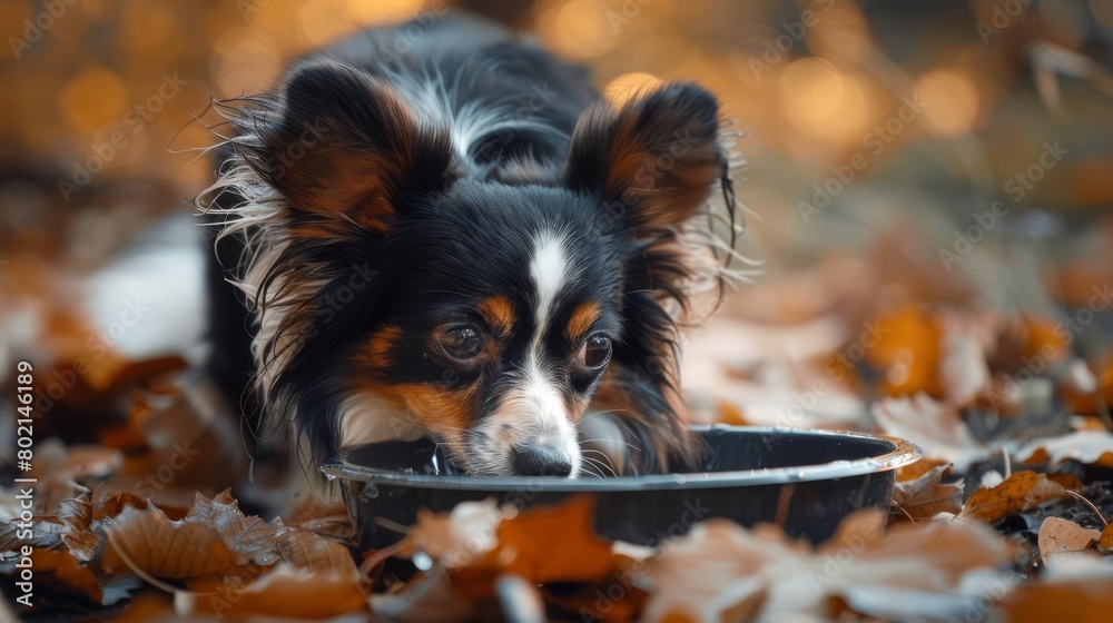 A cute dog with long hair is drinking from a bowl in the middle of fallen leaves.